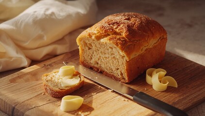 Rustic Bread and Butter on Wooden Cutting Board in Warm Light