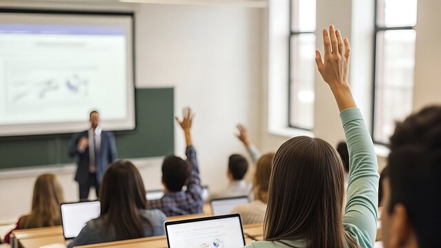 Students raising hands in auditorium during lecture by professor, engaging in discussion and learning, showcasing academic environment and interaction