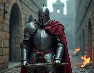 Medieval knight in full armor stands with sword in ancient city street. Flames burn in background. Warrior wears red cape and steel helmet. He is ready for battle.