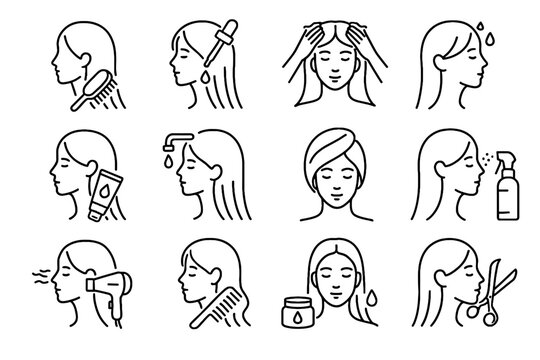 Rinse haircare trimming weekly brushing detangling icons healthy icon hair shampoo mask
