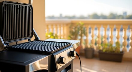 Fototapeta premium Open grill barbecue appliance for outdoor cooking on balcony with summer sunshine and plants view scene