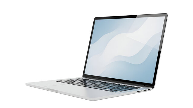 Modern Silver Laptop Computer with Abstract Blue Screen Isolated on Transparent Background