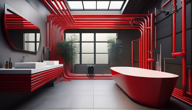 constructivist bathroom interior with angular red and gray bathtub industrial pipes and geometric modern design