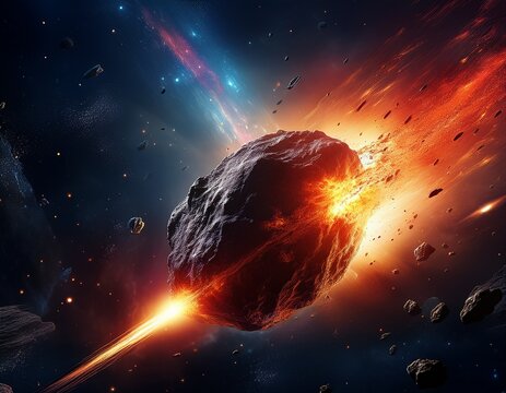 massive fiery meteoroid plunging through dark starry atmosphere towards rocky planet