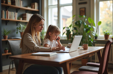Fototapeta premium Mother works on laptop while daughter uses phone and types. They sit at table in home office with plants. Woman types, child talks on cell. Family connection, busy mom.