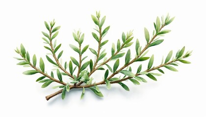 Naklejka premium Watercolor illustration of fresh thyme sprig with small green leaves on white background. Botanical art of culinary herb for cooking, recipes, and healthy food design elements.