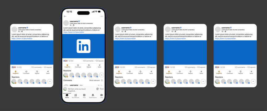 LinkedIn App Mobile Mockup Professional Social Media UI Template with Smartphone Screens Post Feed Reaction Buttons Comment Share Carousel Cards Interface Design with LinkedIn Logo