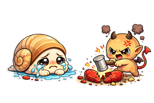 A sweet little snail cries a river of tears while a mischievous devil furiously smashes a heart
