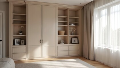 Fototapeta premium Modern built-in wardrobe with open shelves and closed cabinets. Beige bedroom furniture provides ample storage with drawers and hanging space. Elegant, clean design.