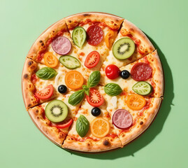 Pizza with a top view with various ingredients.