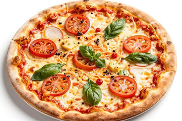 Pizza with a top view with various ingredients.