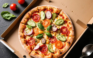 Pizza with a top view with various ingredients.
