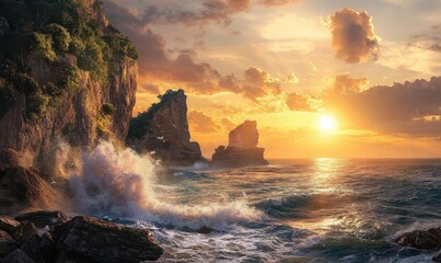 Scenic coastal landscape with waves crashing against rugged cliffs at sunset, soft golden light illuminating the rocky shoreline and ocean spray
