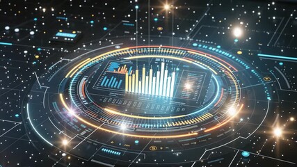 High-tech digital dashboard with data analytics and business graphs displayed in a futuristic interface, symbolizing data analysis, technology, and innovation for business solutions. - Powered by Adobe