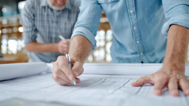 Two men are working on a drawing of a building. One man is writing with a pen on the drawing