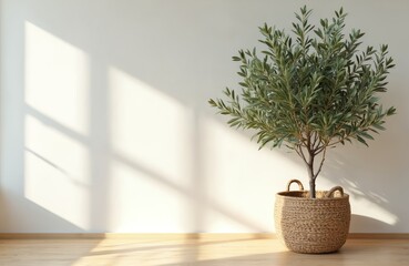 Potted olive tree sits in woven basket. Sunlit shadows fall across neutral wall. Minimalist home interior shows plant decor. Natural light creates calm atmosphere. Wooden floor complements organic