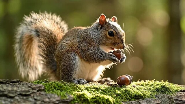 Adorable Eastern Gray Squirrel eating acorn on mossy branch in sunlit forest nature wildlife