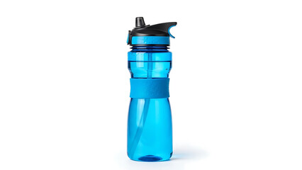 Blue plastic sports water bottle with black lid and handle on white background