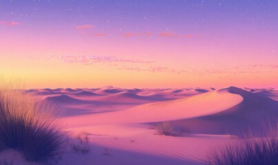 Scenic desert landscape at dusk with soft purple and orange hues in the sky, sand dunes creating intricate patterns, peaceful and remote wilderness scene, wide panoramic shot,