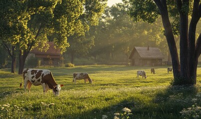 Scenic farm with cows grazing peacefully in a sunlit meadow, soft morning light highlighting the green fields and rustic charm