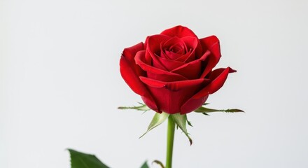 Fototapeta premium A single perfect scarlet red rose bloom standing vertically, isolated cleanly against a bright pure white backdrop. Studio shot ,day ,elegant ,single flower