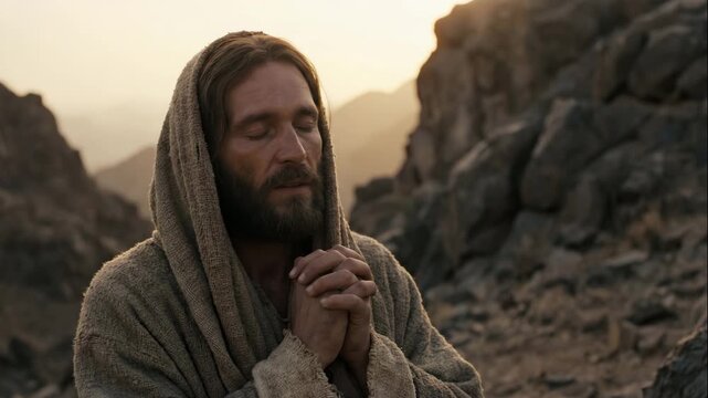 Jesus Christ praying and fasting in desert wilderness during 40 days retreat Bible Matthew 4 concept.