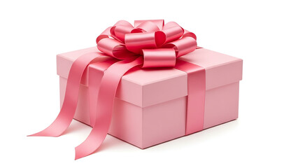 Pink gift box with ribbon and bow on white background for celebrations