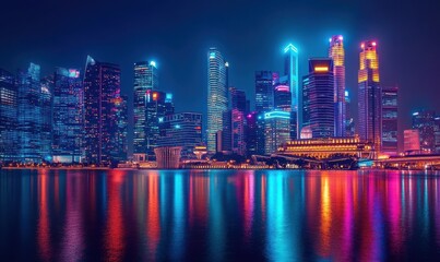 Obraz premium Scenic futuristic skyline glowing in vibrant neon colors at night, illuminated by soft diffused light, modern urban technology concept,