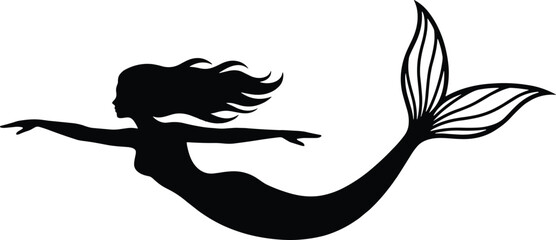 Black silhouette illustration of a mermaid swimming with long flowing hair and detailed tail fins, perfect for fantasy, folklore, and decorative design