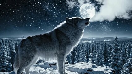Majestic wolf howling at bright full moon in snowy winter forest landscape under starry night sky