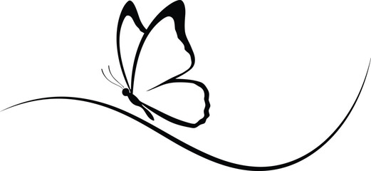 Minimalist black and white butterfly illustration with elegant curved wings, flowing line art design, perfect for tattoos, logos, and decorative graphics