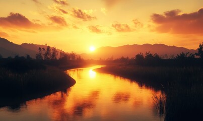 Obraz premium Scenic golden hour view of a winding river reflecting the orange hues of the sky, illuminated by soft twilight, peaceful outdoor landscape,