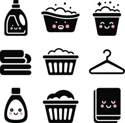 A collection of cute black and white laundry icons for washing and cleaning tasks