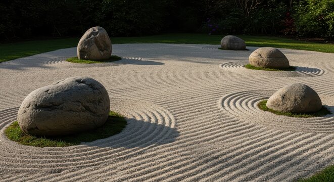Serene dry landscape garden showing meticulously raked sand patterns around large stones, creating a peaceful and contemplative scene ,sand ,aesthetic ,texture