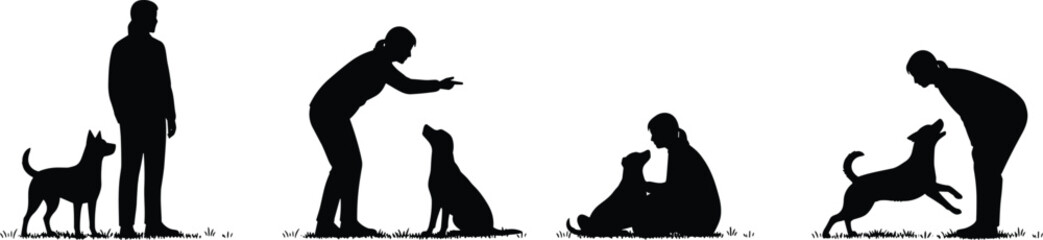 Black and white silhouettes of person training dog in multiple poses, bonding, communication, obedience, playful interaction, minimalistic design illustration
