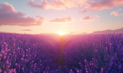 Scenic lavender field with rows of purple flowers stretching into the horizon under soft golden light, creating a tranquil countryside atmosphere