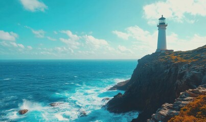 Scenic lighthouse standing tall on a rocky cliff, waves crashing below under a clear blue sky, high detail and vibrant colors
