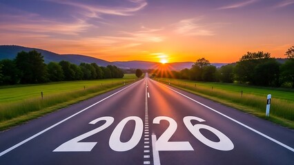 Empty asphalt road leading to horizon with large 2026 marking at sunset with green fields and hills empty road