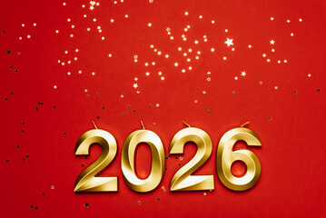 Luxury Happy New Year 2026 background with golden numbers on red festive backdrop. Elegant holiday design ideal for greeting cards, banners, marketing campaigns and seasonal celebrations