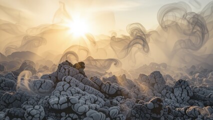 Mystical Landscape with Smoke and Sunlight