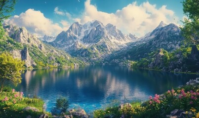 Fototapeta premium Scenic mountain landscape with a clear blue lake reflecting the surrounding peaks, soft natural light creating a serene vibe