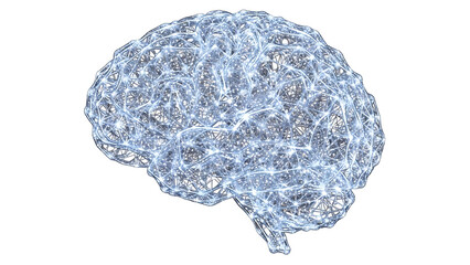 Digital brain with glowing blue neural network connections on white background