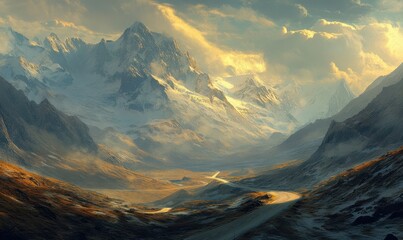 Scenic mountain pass with winding roads and snow-capped peaks in the distance, soft golden light illuminating the landscape, peaceful and majestic scene, wide panoramic perspective,