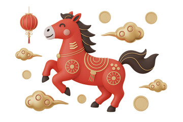 Playful 3d cartoon horse in bright red, decorated for the chinese new year celebration of the year of the horse, symbolizing energy