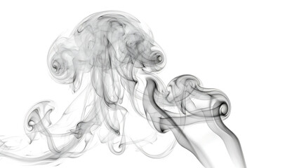 Gray smoke swirling on white background, abstract smoke pattern