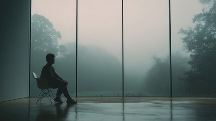 Fototapeta premium minimalist photo of person sitting by huge window looking at foggy nature