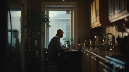 documentary style photo of man working quietly at a kitchen table