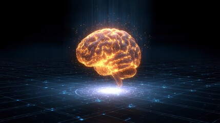 A luminous, fiery brain model is displayed against a dark, futuristic grid, symbolizing thought and intelligence. It emanates light and energy
