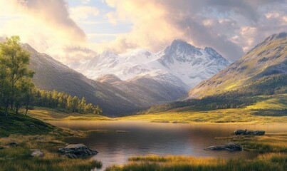 Mountain landscape with serene lake, trees, clouds, sunlit valley.