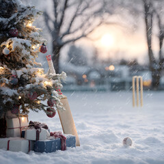 Christmas tree closeup with gifts on snowy cricket field with cricket bat, ball and wickets lying in the snow. Concept of resting cricket sport during Christmas time.